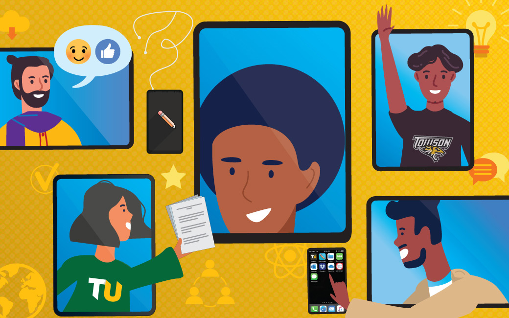 Illustration of students on various screens