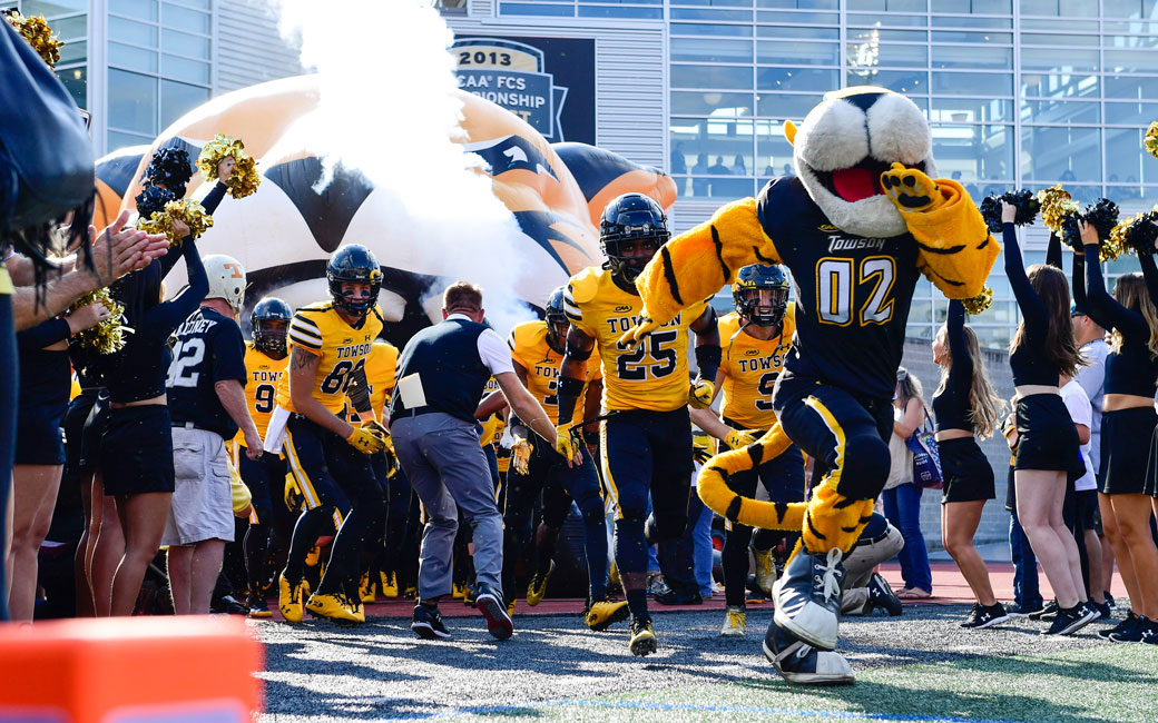 The Towson Tigers football team exit the tunnel for a game 
