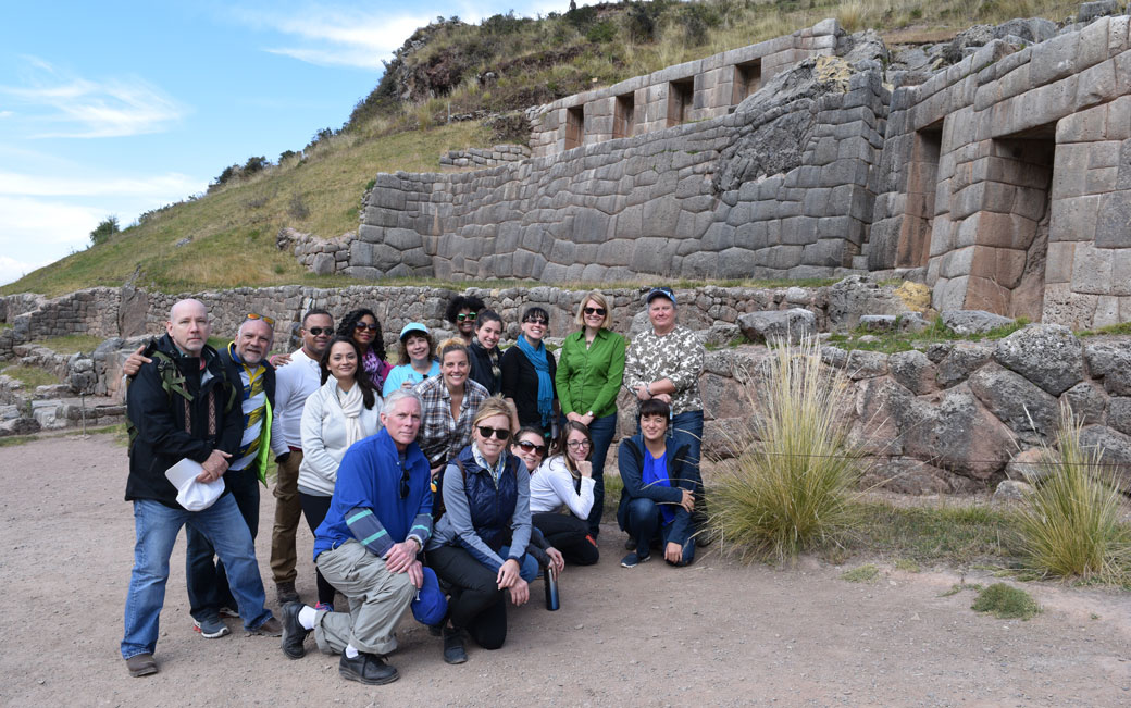 Towson University faculty members Ronn Pineo and Colleen Ebacher (front) received a near $100,000 grant from the U.S. Department of Education Fulbright-Hays Group Projects Abroad programs. Through the grant, Pineo and Ebacher are leading 15 educators from across the U.S. on a learning experience through Peru. 