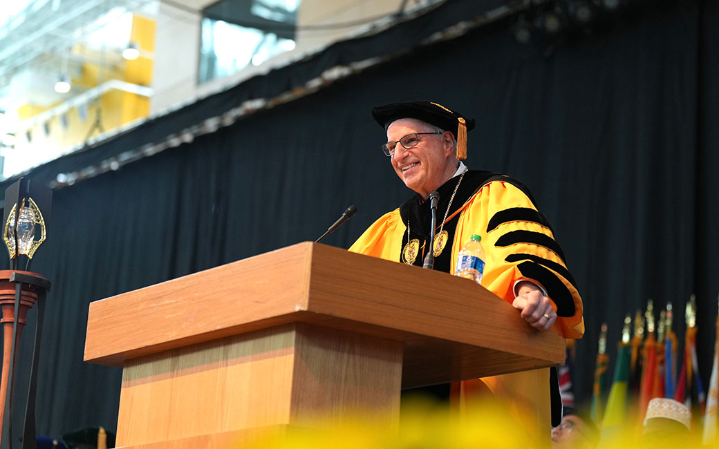 President Ginsberg gives his inaugural address during the ceremony on April 5. (Lauren Castellana | Towson University)