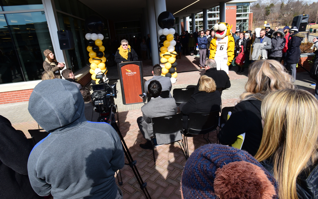Towson University President Kim Schatzel gives her remarks during the grand opening celebration of the Burdick Hall expansion. 