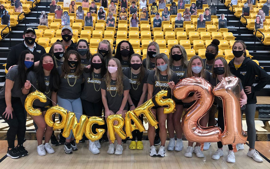 The TU Gymnastics Team celebrating its 2021 NCAA Regionals Selection