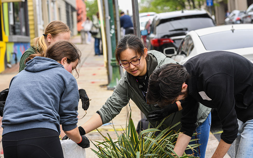 Students cleaning up flower pots in uptown Towson.