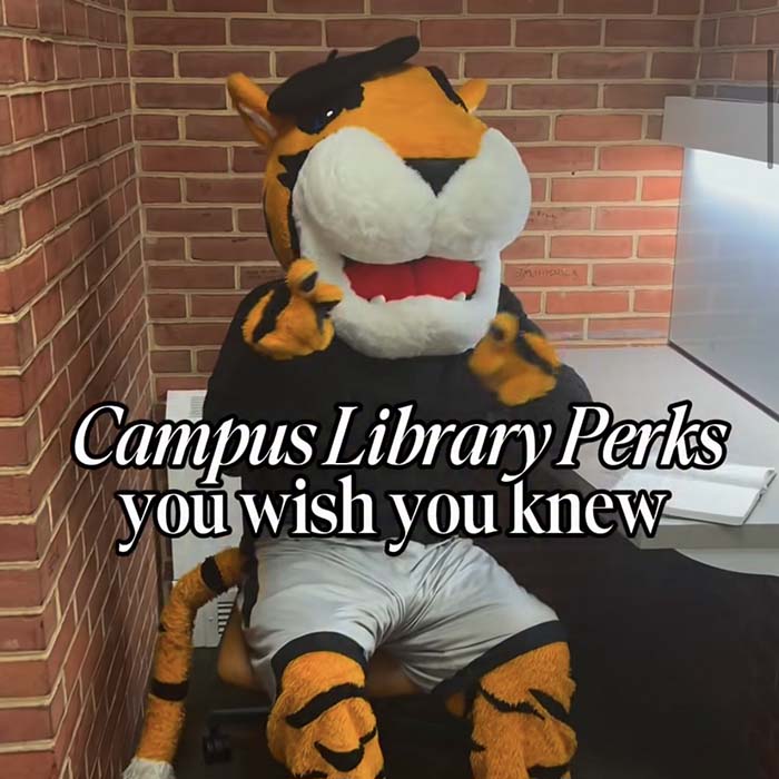 Doc in the library with the text overlay: "campus library perks you wish you knew"