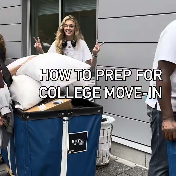TU student moving in with text overlay that says "how to prep for college move-in"