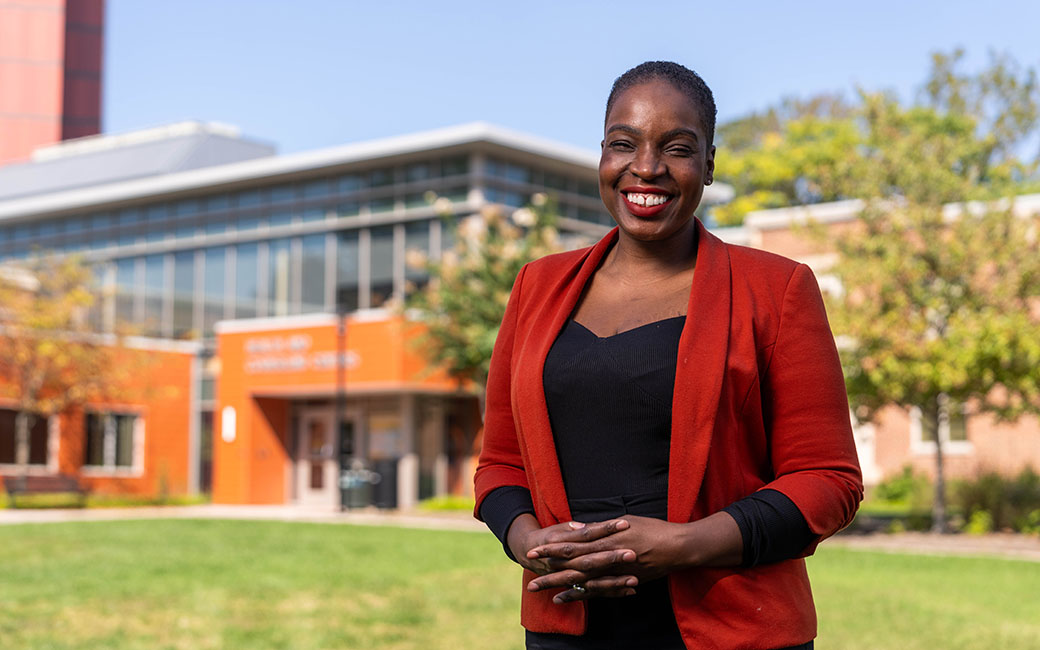 Kaye-De-Ann Rattray welcomed to TU Kaye-De-Ann Rattray stands in front of the Health Center