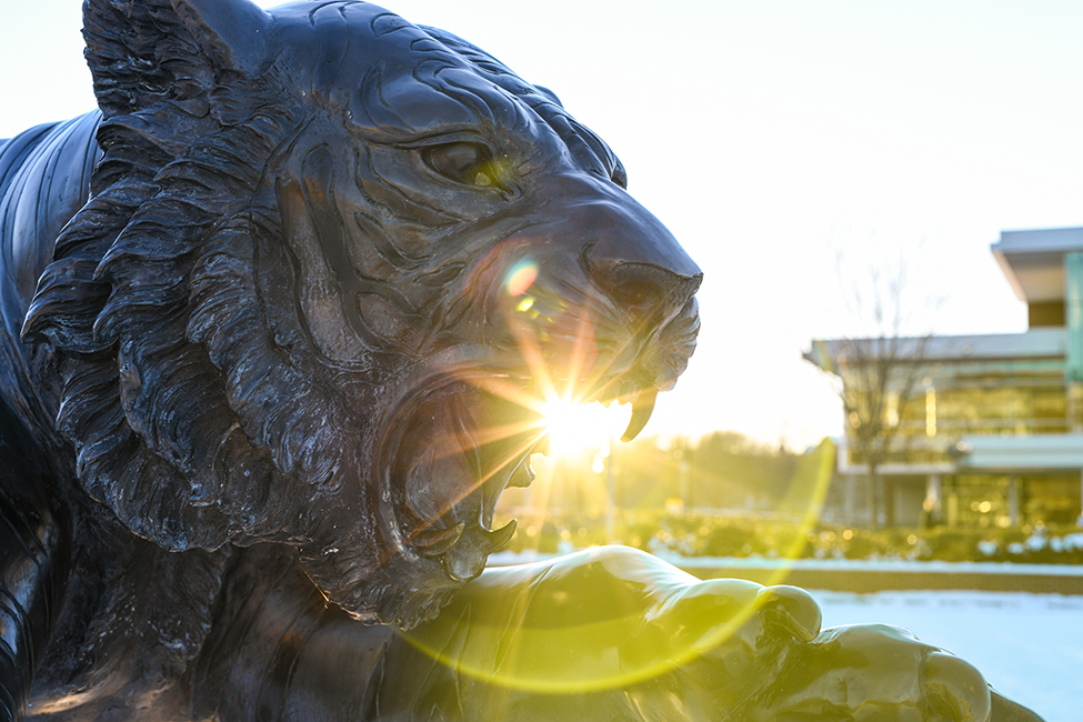 The sun setting behind a Tiger statue