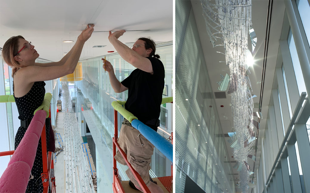 Collage of two images, on left two people on lift install sculpture, on left glass sculpture hanging from ceiling