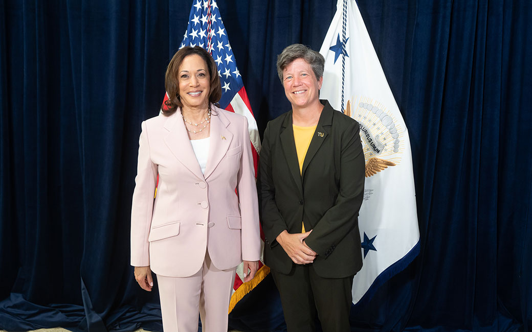 Vice President Kamala Harris and Interim President of TU Melanie Perreault stand together at the "Investing In America" event. Vice President Kamala Harris and Interim President of TU Melanie Perreault stand together at the "Investing In America" event.