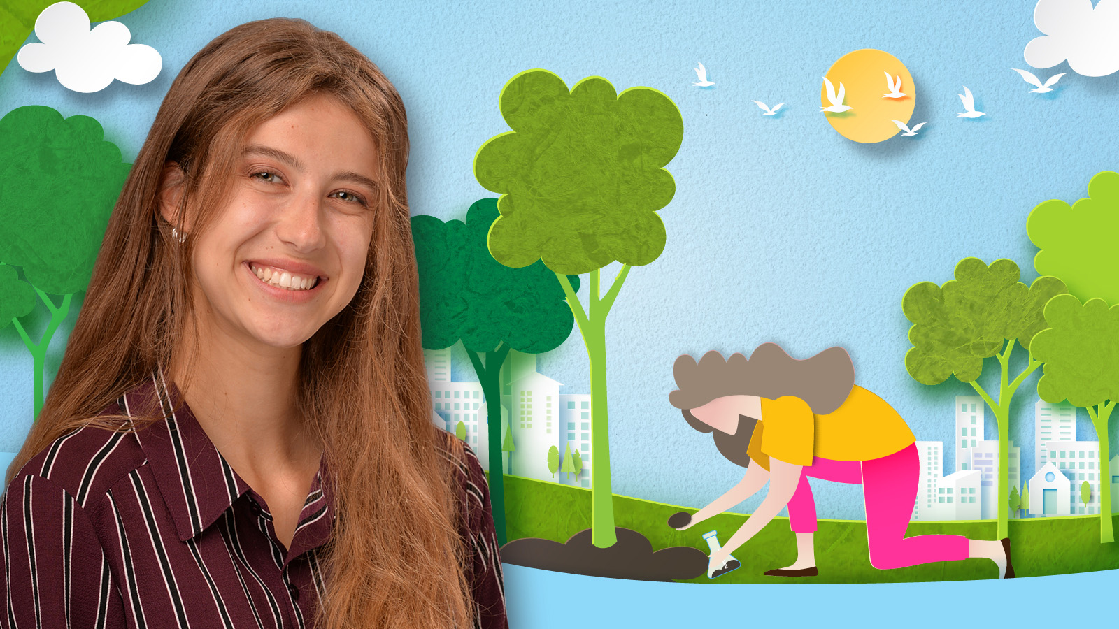 Caroline Etherton headshot in front of graphic with trees, sky, birds, sun and person looking at the grass