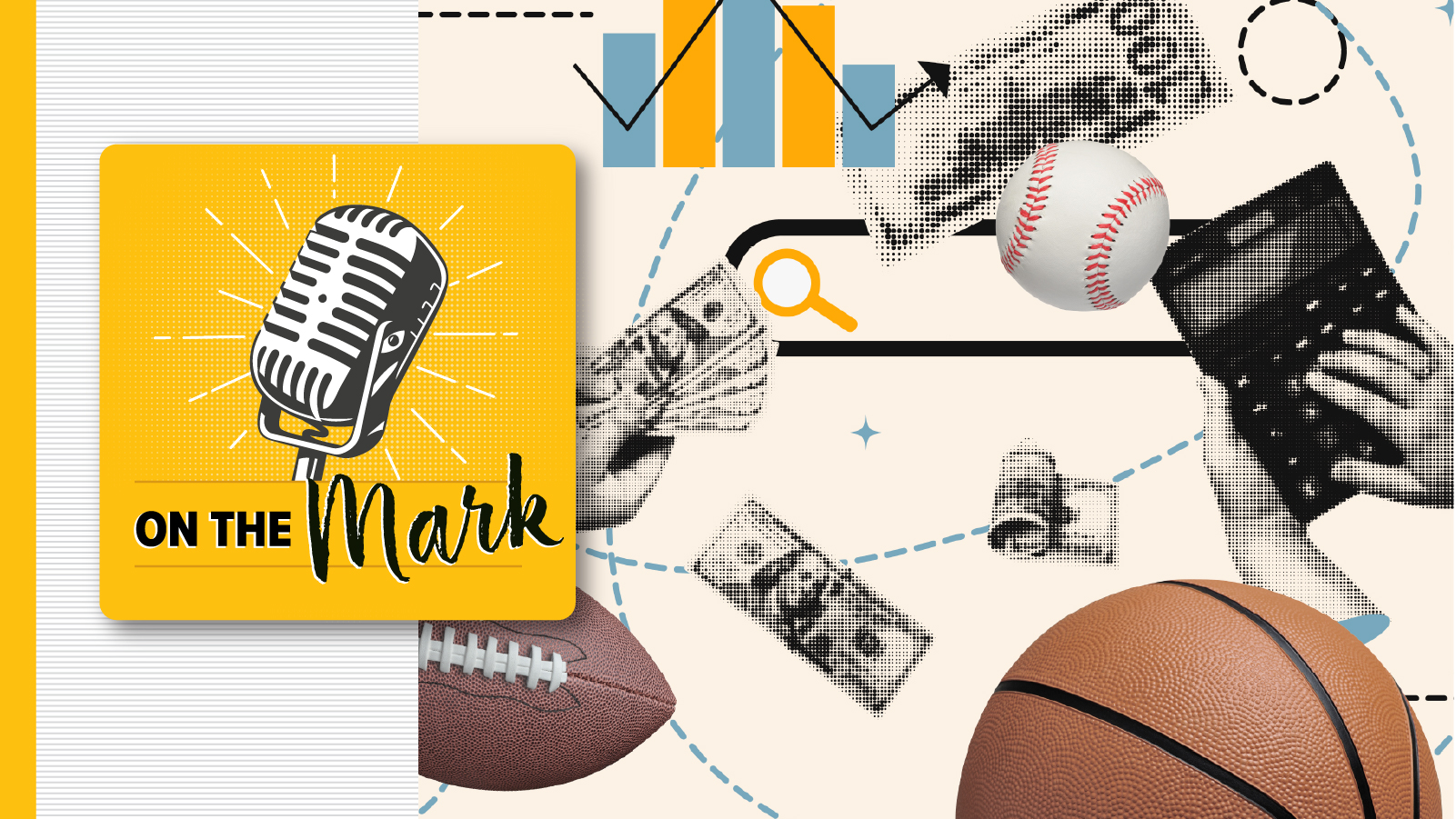 Graphic that has graphs, dollar bills and sports equipment