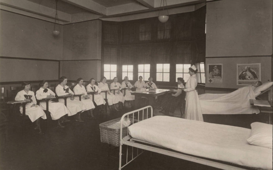 A home nursing course being taught in Stephens Hall.