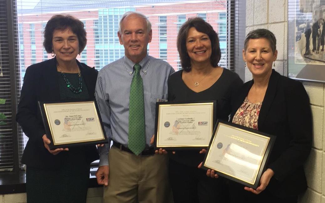 Left to right: Janet Delany, Towson University School of Graduate Studies dean; Bill Peters, Maryland ESGR volunteer; Arlene Ceribelli, assistantship office; and Robin Walczak, executive assistant. 