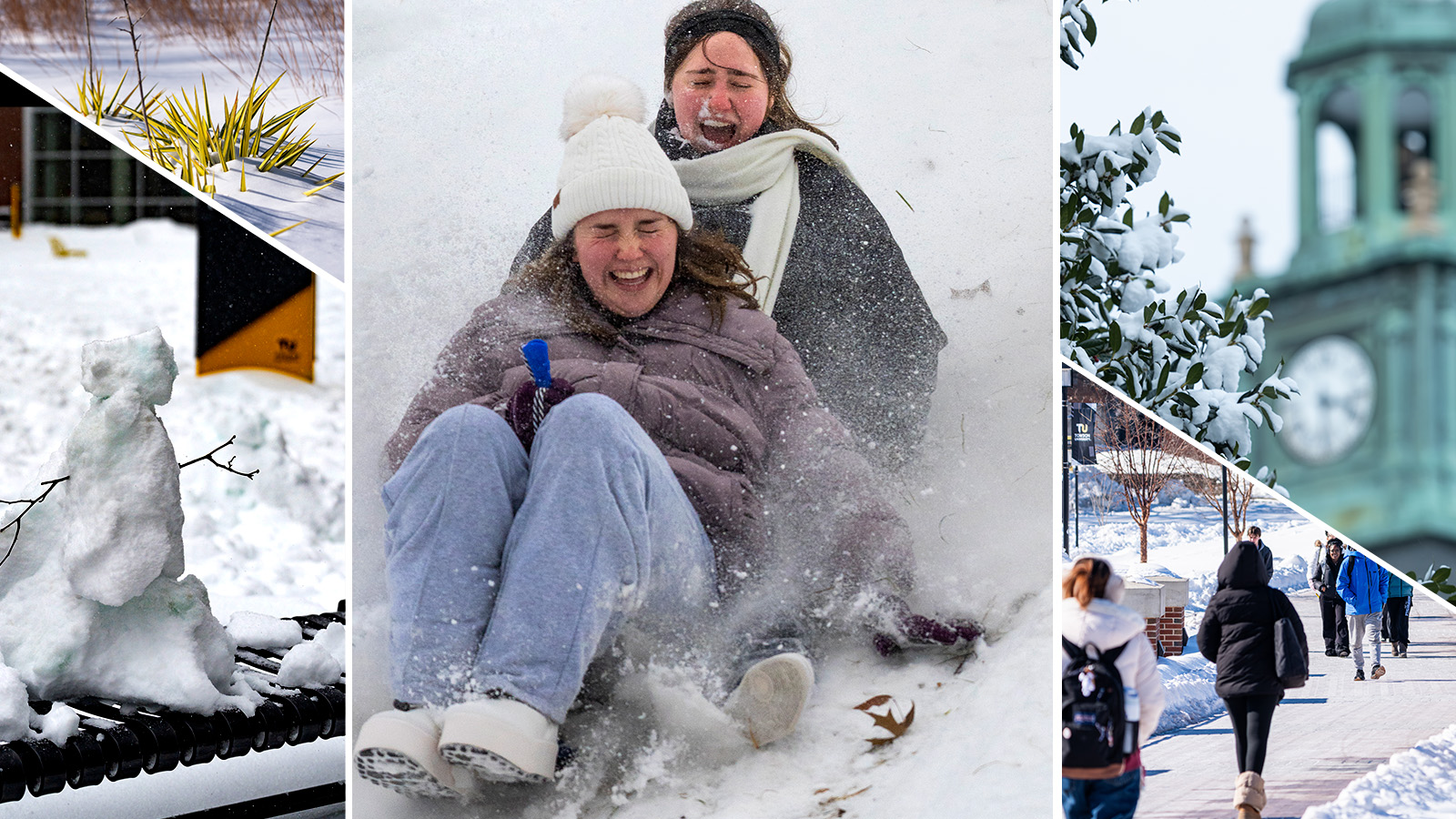 images of snow at TU, including a snowman and people sledding
