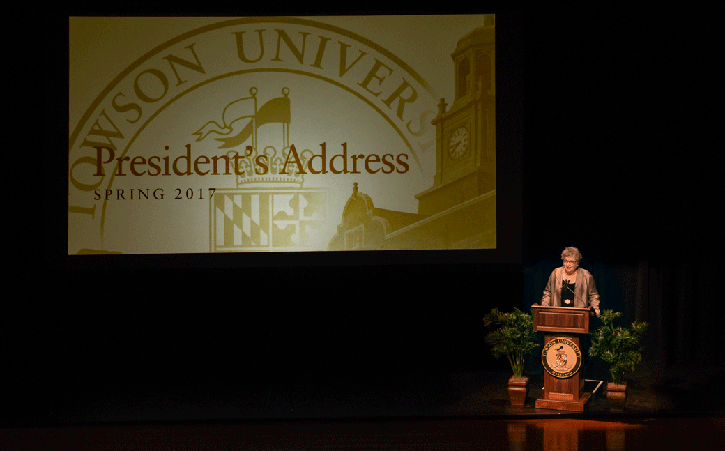 Towson University President Kim Schatzel addresses the campus in her annual spring address. 