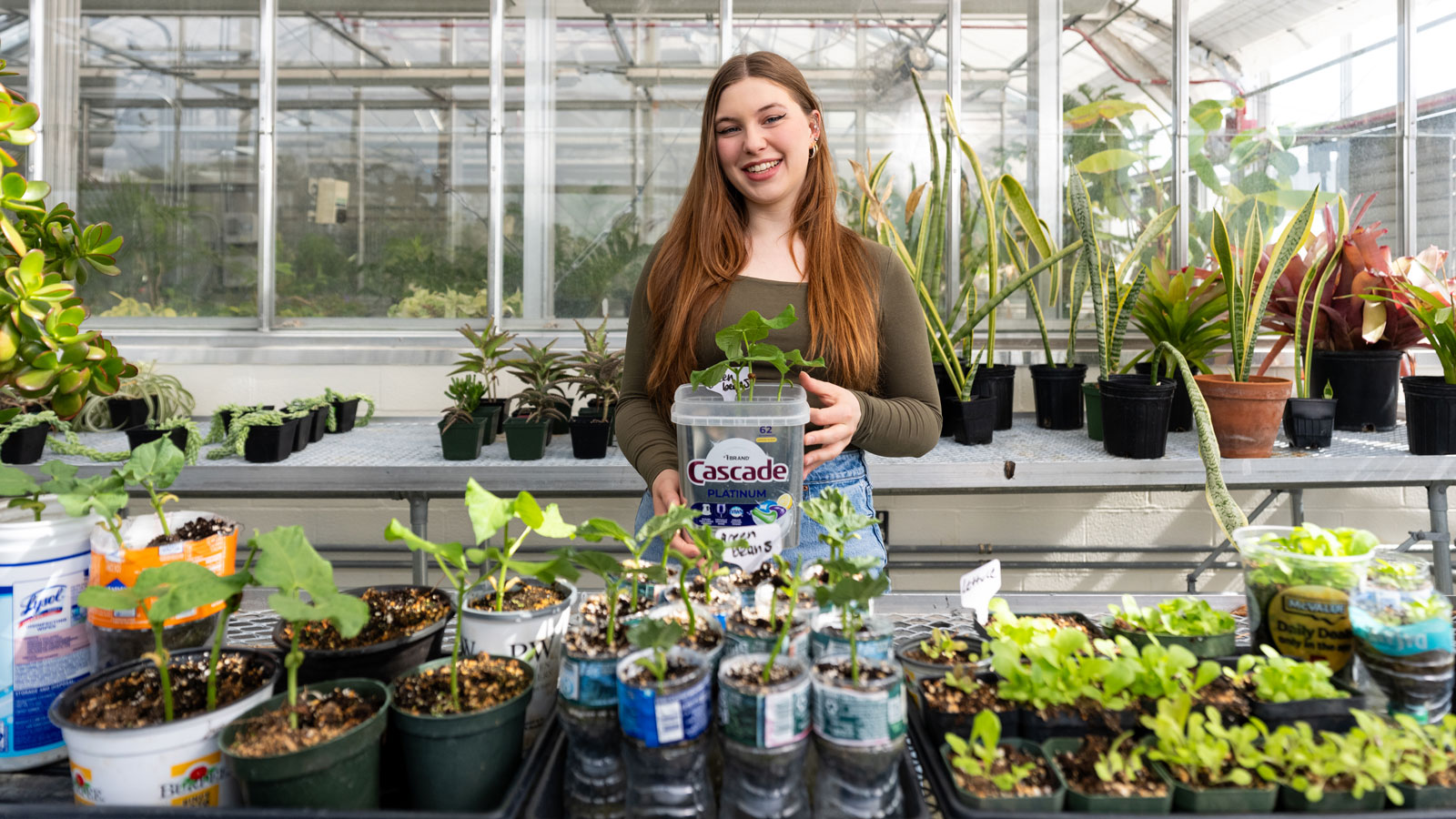 Towson Student Rebecca Harasymczuk holds plants that are growing in recycled plastic 