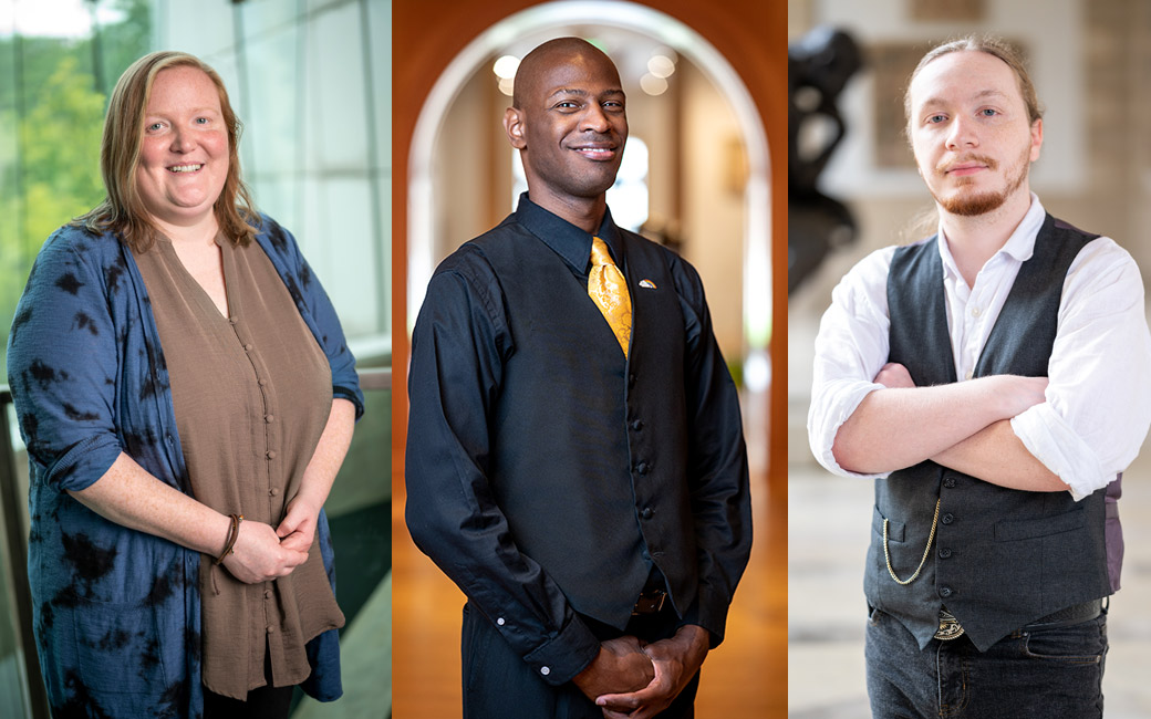 Collage of three portraits in a museum