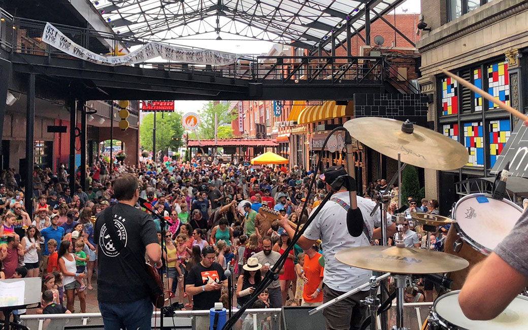 View of crowd from stage at Saturday Morning Tunes concert