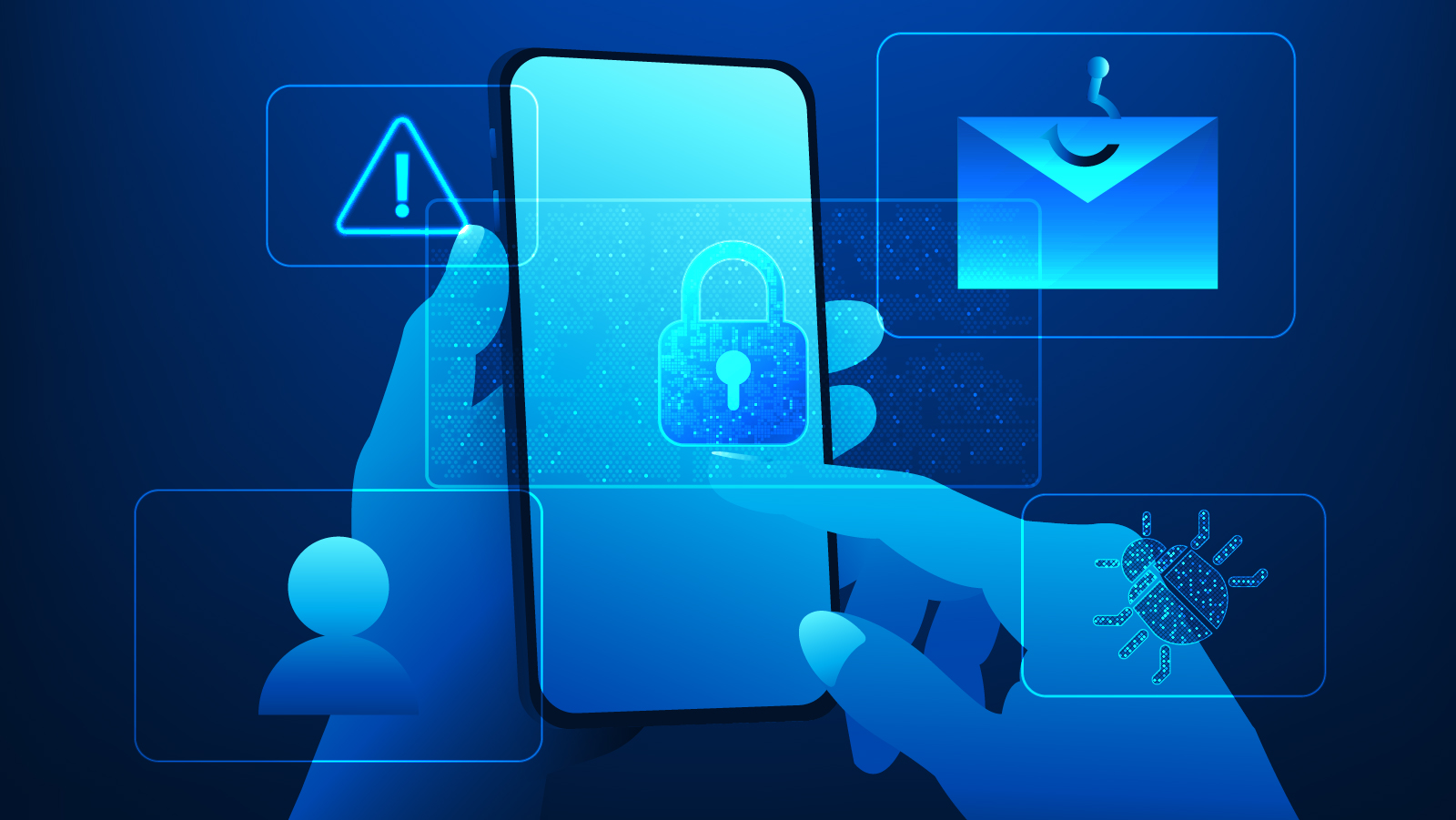 Graphic illustration of hands holding a mobile device with icons denoting cyber security elements surrounding the mobile device