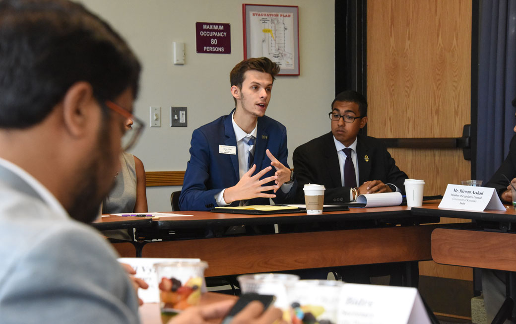 James Mileo '18, president of Towson University's Student Government Association, discusses student politics and involvement with politicians from India on Friday, October 6. The discussion was part of the U.S. Department of State’s International Visitors' Leadership Program.