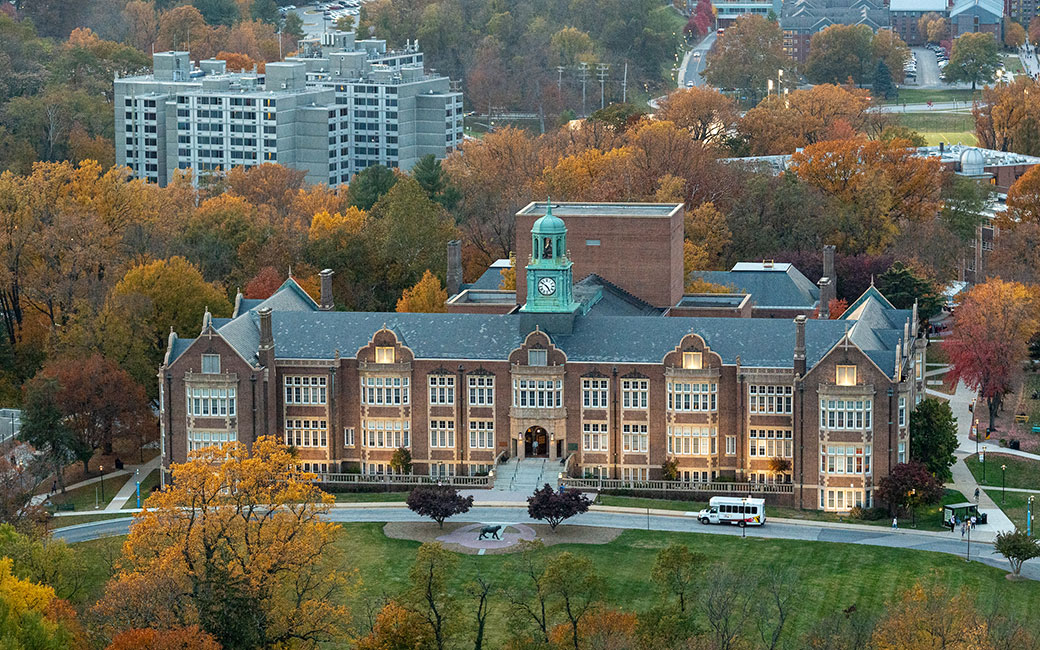 Stephens Hall from above with fall foliage