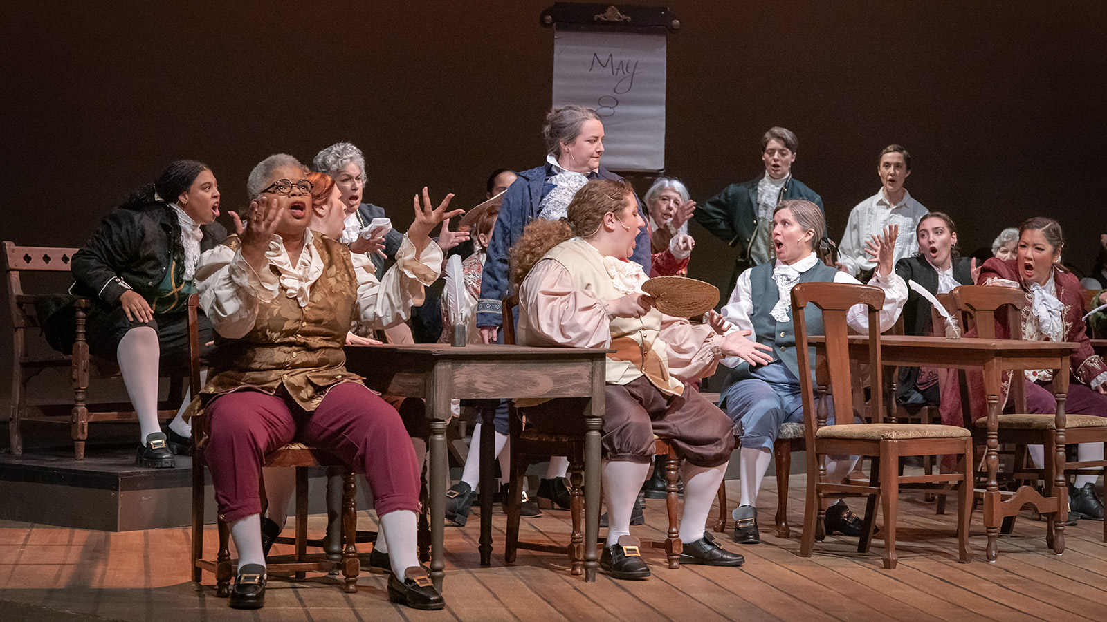 the cast of "1776: The Musical" performing in TU's center for the arts 