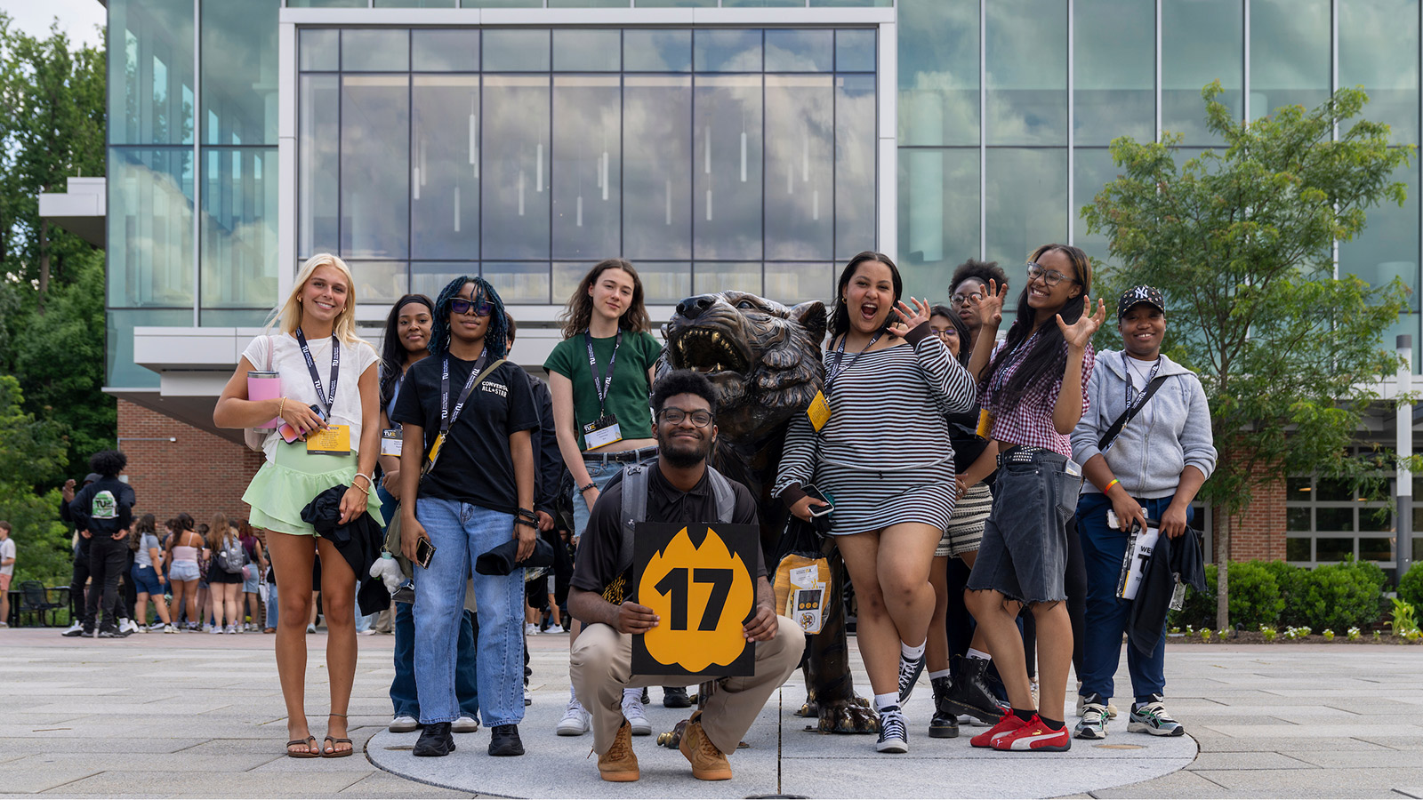 incoming tigers gather outside the union during summer orientation