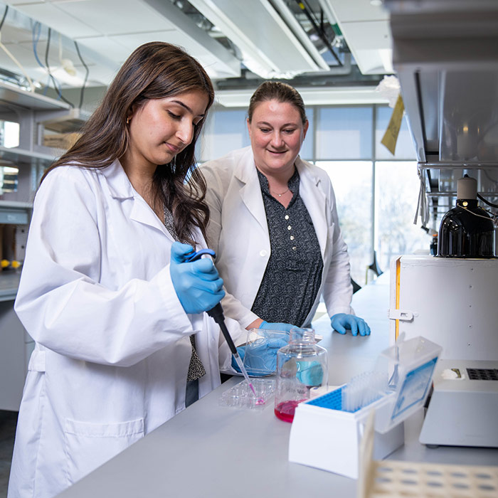 Sumra Chaudhry works in the lab with associate professor Erin Harberts.