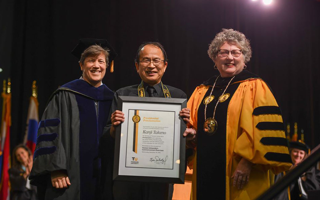 Kanji Takeno with President Kim Schatzel and Provost Melanie Perreault