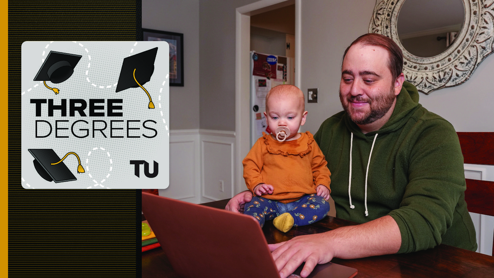 a student parent doing virtual work and his baby