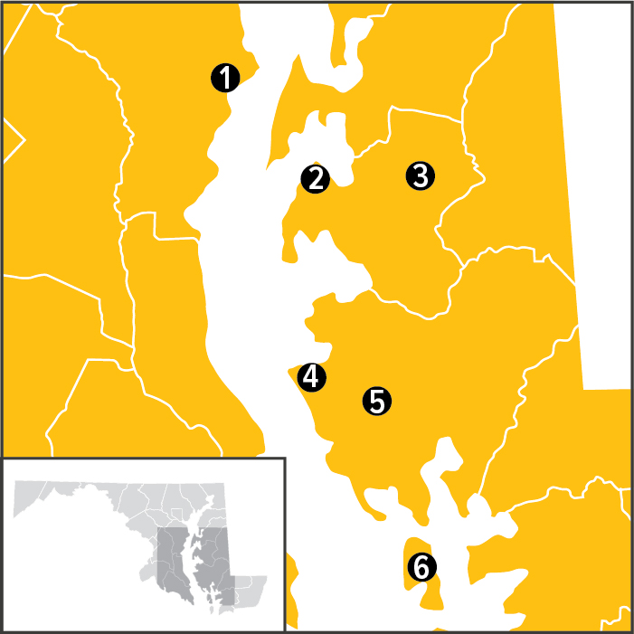 Stylized map of Maryland with 6 numbered pins, one for each location