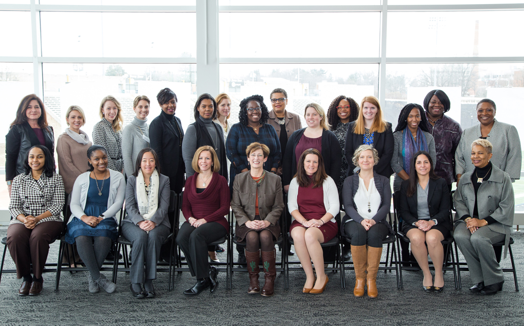 The third-annual class of Towson University's Professional Leadership Program for Women pose for a picture at the group's first session on Tuesday, January 10. 