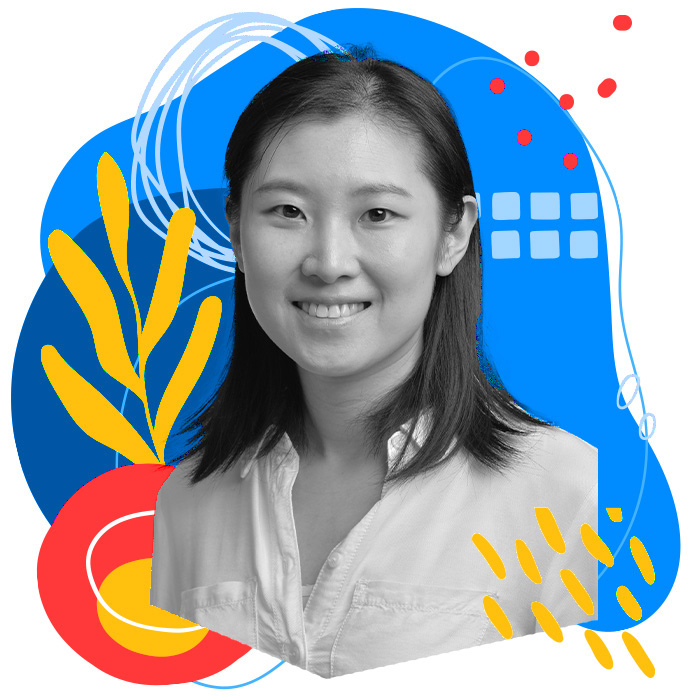 Graphic illustration surrounding Professor Zhang's headshot