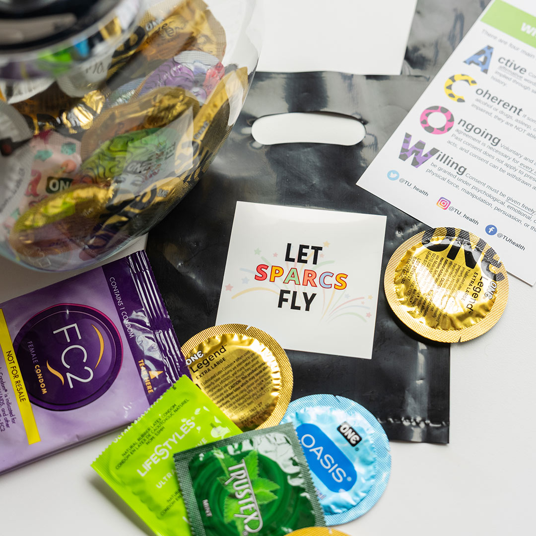 Safer sex supplies on table