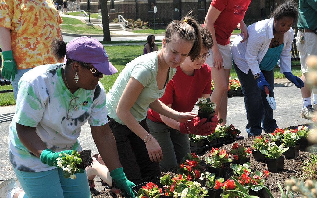 students plant flowers