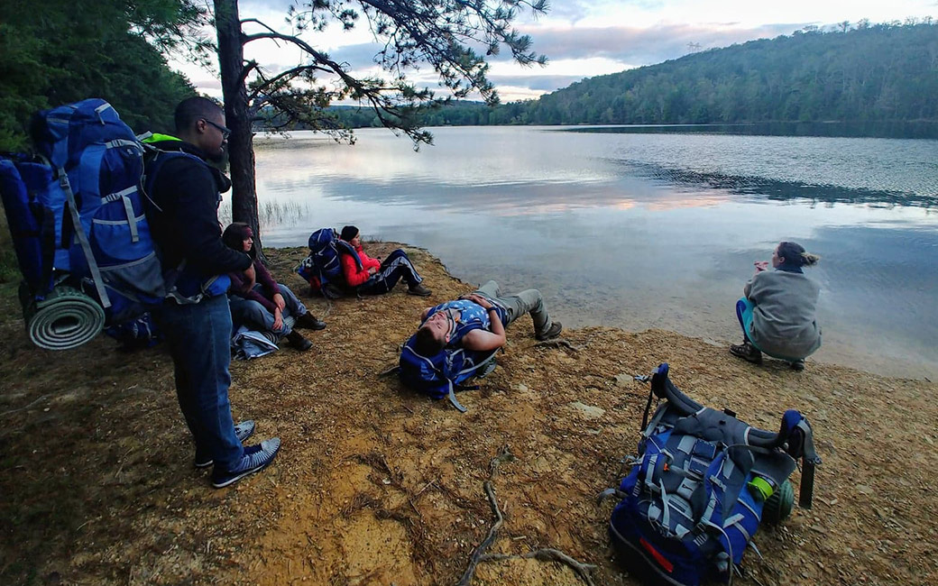 towson student using gear from TU's Outdoor Adventures program