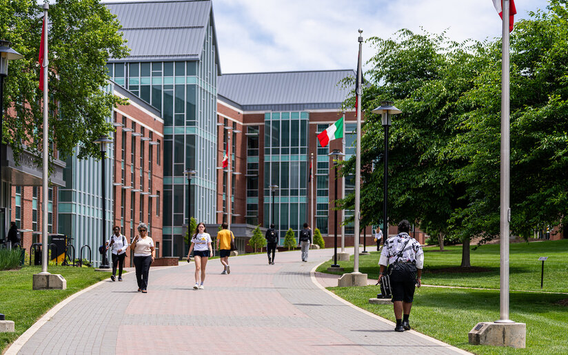 View of students walking in Towson University campus