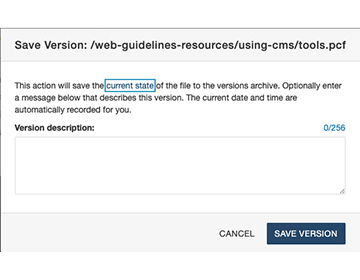 Screen shot of the pop-up menu for naming a description and saving a version of a webpage
