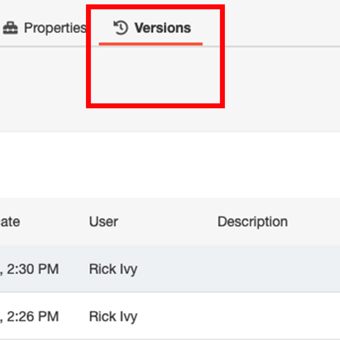 Screen shot of the Versions menu